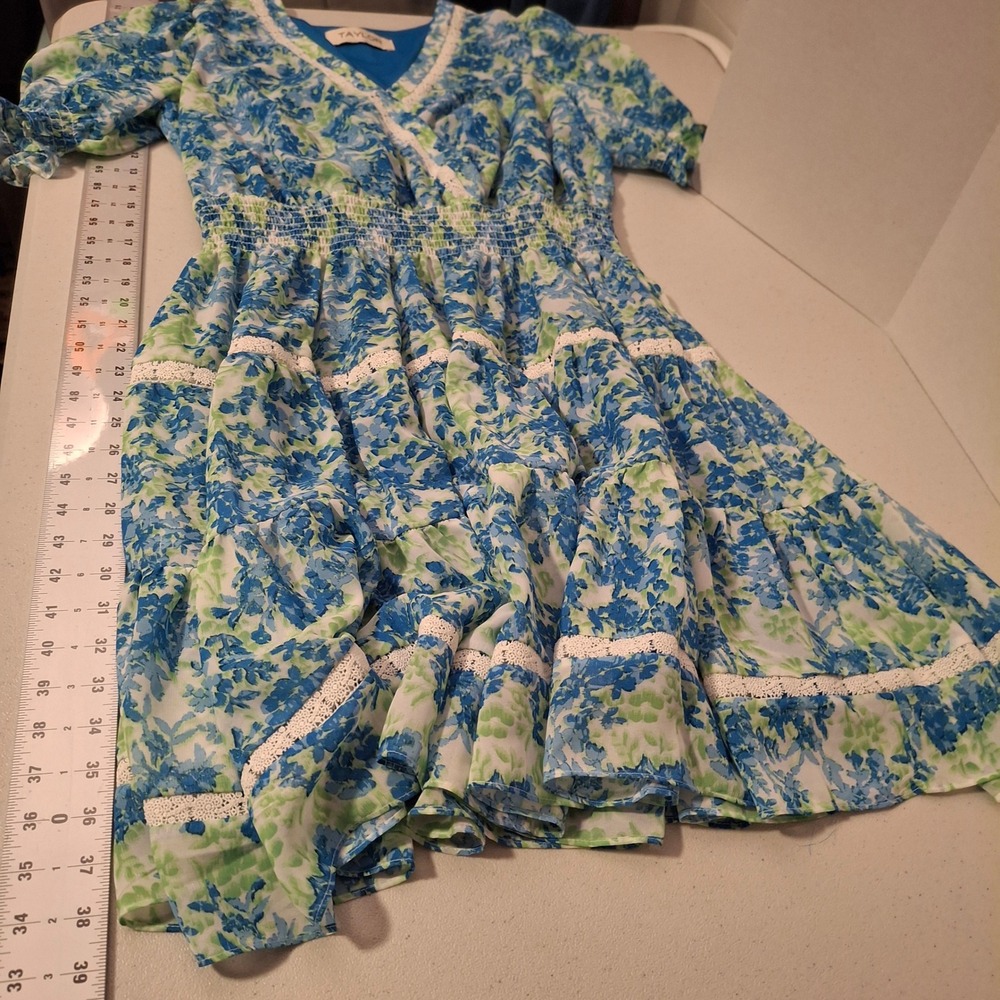 TAYLOR Women's Floral‎ Dress Blue Green Short Sleeve Smocked Waist Tiered Sz 16 - Picture 8 of 12